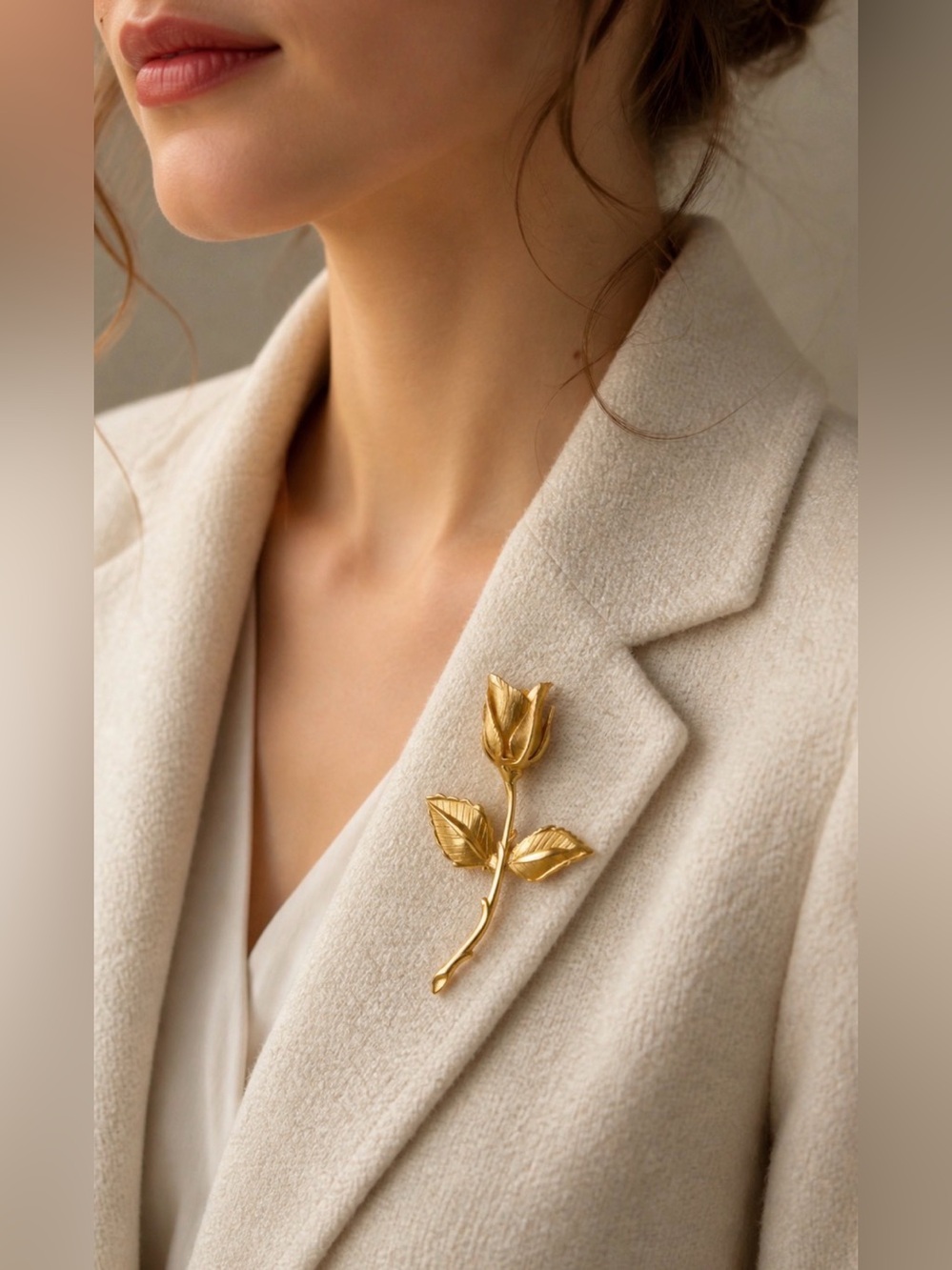 Giovanni Brooch Gold Tone Long Stem
Rose Pin Vtg MidCentury